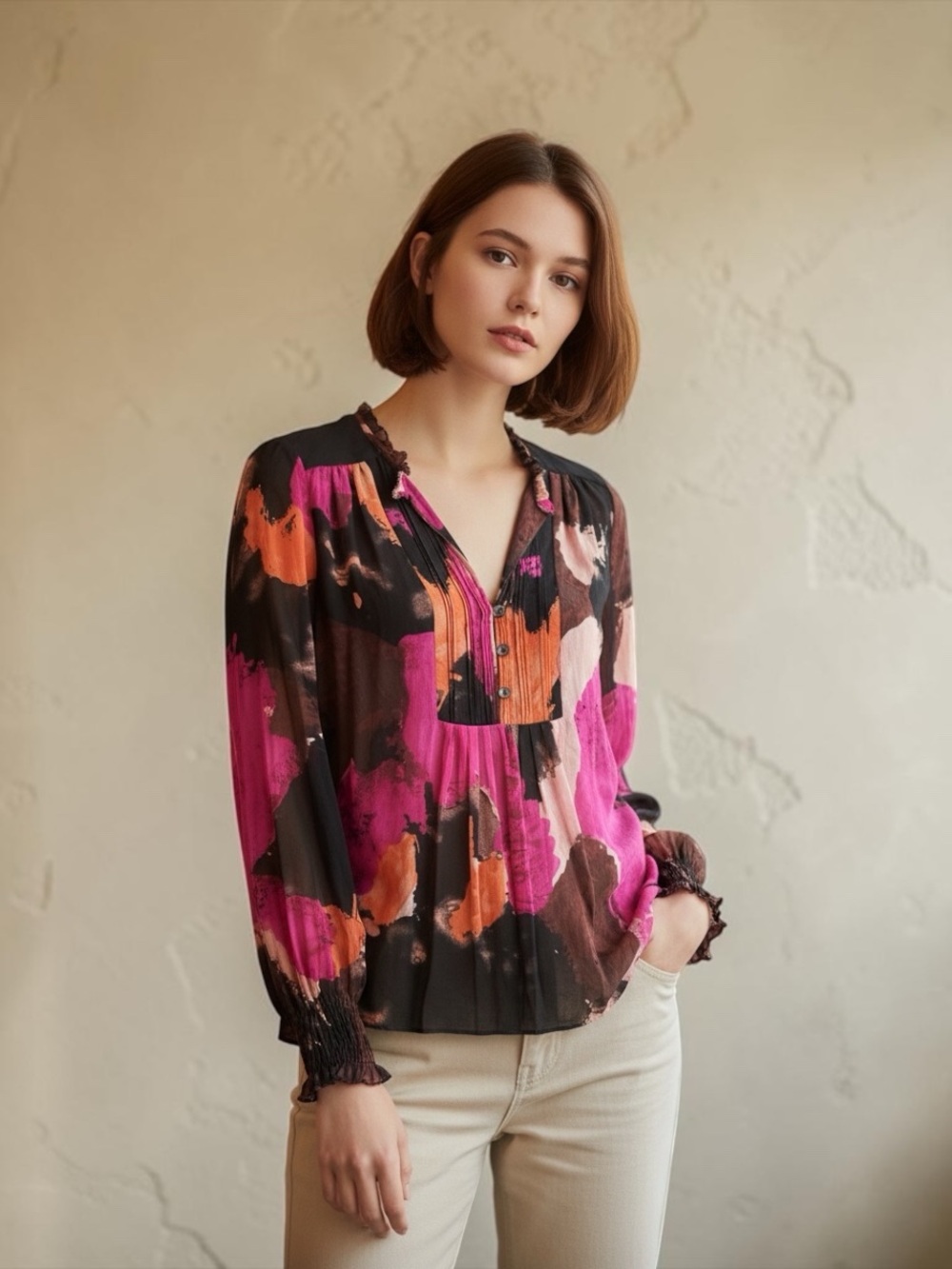 Diane von Furstenberg Brushstroke Pintuck Blouse in Pink, Orange & Black